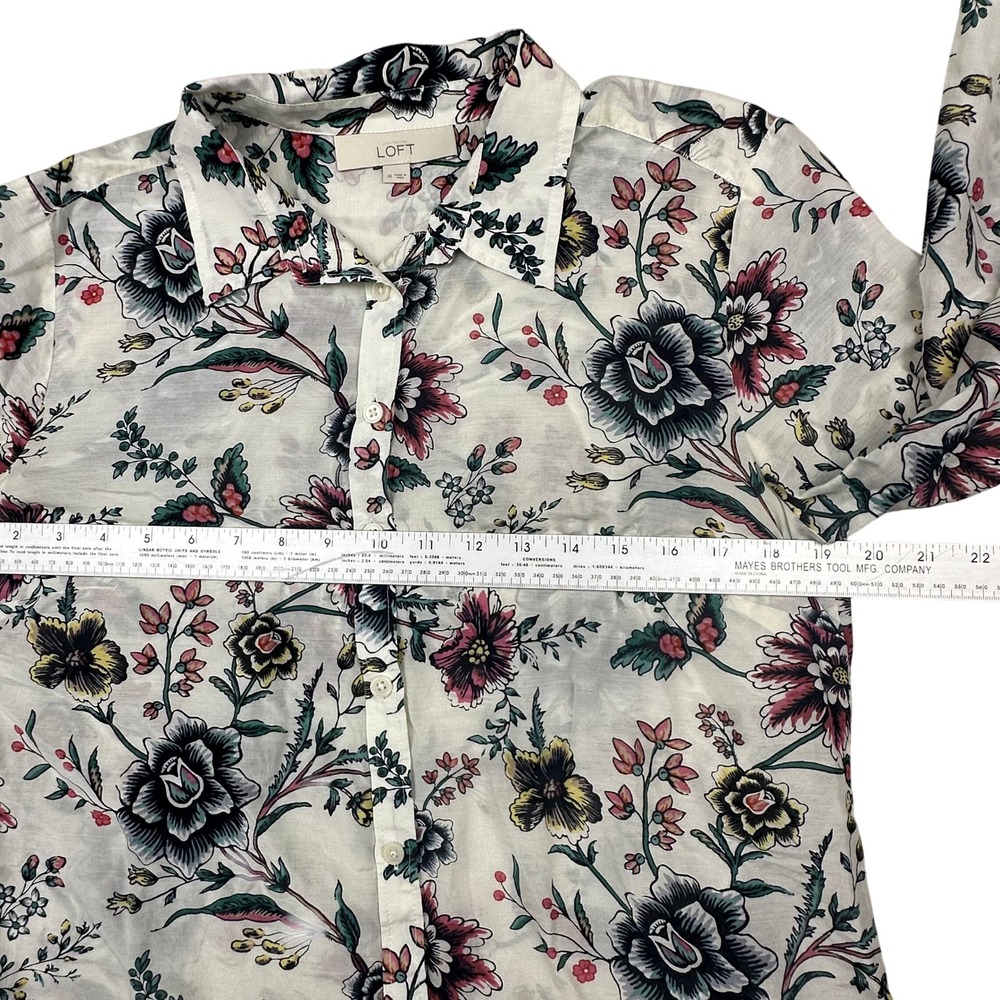 LOFT Womens White Floral Silk Cotton Blend‎ Button Down Shirt Long Sleeve Size M - Picture 7 of 15
